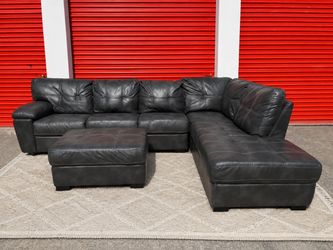 Gray Leather Sectional w/ Ottoman (Delivery Available)
