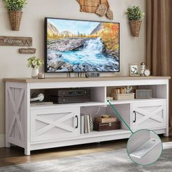 TV Stand for 75 Inch TV w/Power Outlets, Farmhouse Entertainment Center with Storage Cabinets