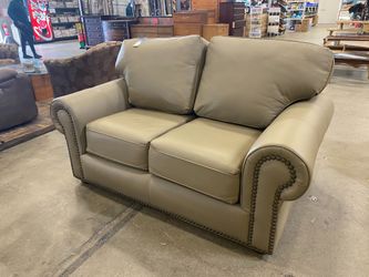 THE LEATHER FACTORY Light Khaki Studded Roll Arm Loveseat