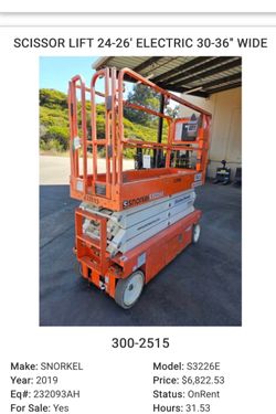 FOR SALE! -SCISSOR LIFT 24-26' ELECTRIC 30-36" WIDE