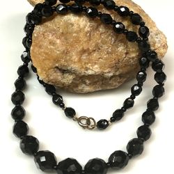 Vintage Jet Black Glass Crystal Necklace 