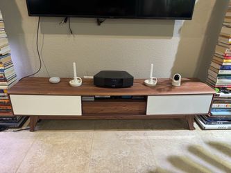 MCM Style 70" Wood Media Console TV Stand, Brown and White
