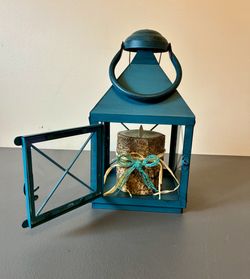 Pier 1 Large 11” Indoor/outdoor Candleholder Turquoise Lantern W/Candle Metal
