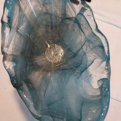 Murano Style Art Glass Bowl with Scalloped Edges Teal Blue with Silver Glitter