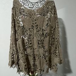 CATO TAN CROCHET BELL SLEEVE TOP size L