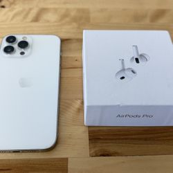 Unlocked iPhone 13 Pro Max 128GB Silver with 100% battery health and option for Airpods Pro bundle. 