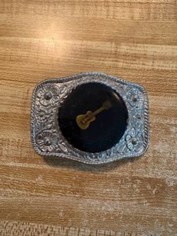 Vintage Western Belt Buckle - Floral Silver Tone with Guitar