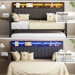 NEW - Twin Tô King Daybed With Side Table/charging Station Upholstered Storage Headboar LED