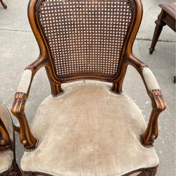 Chateau d'Ax Louis XV Style Walnut Cane Back and Suede Leather Fauteuil Vintage 