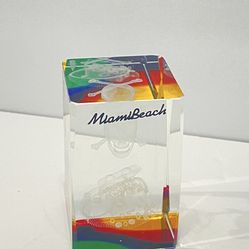 Miami Beach Treasure Laser Etch Crystal Paperweight Rainbow Skyline Hologram 3”. 