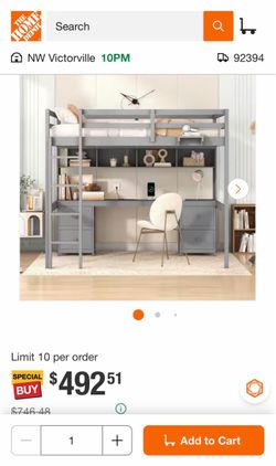 Full size loft bed with desk, cabinets , drawers, and charging station