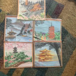 5 X Japanese Silk Embroidery Scenes