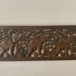 Handcarved Teak Wood Elephant Wall Panel