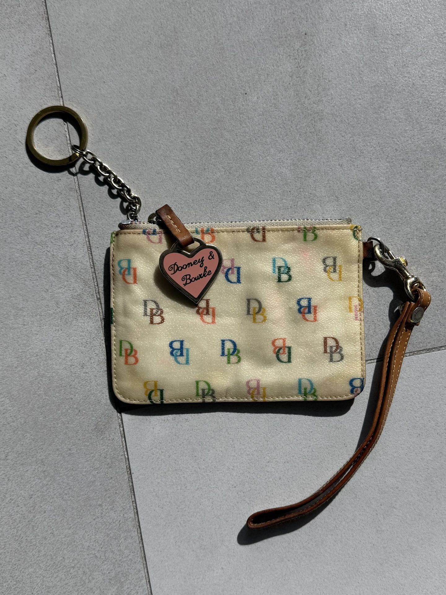 Vintage Dooney & Bourke Rainbow Zipper Multicolor Initial 6"x4" Wristlet Wallet Keychain Card Holder Coin Purse with Metal Pink Heart Bag Charm Tag