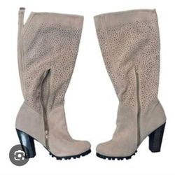 Beige Genuine  Suede Leather knee high Boots