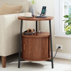 Round Walnut Side Table w/ Charging Station — Mid-Century Look