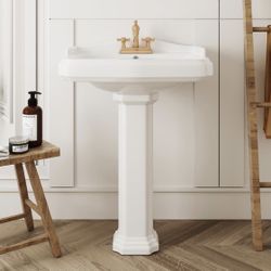 New In Box 23x19 Inch White Pedestal Sink, Ceramic Bathroom Sink with Overflow and Backsplash