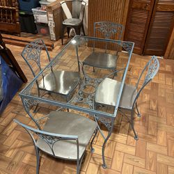 Vintage Woodard Wrought Iron Patio Set, Glass Top With 4 Chairs