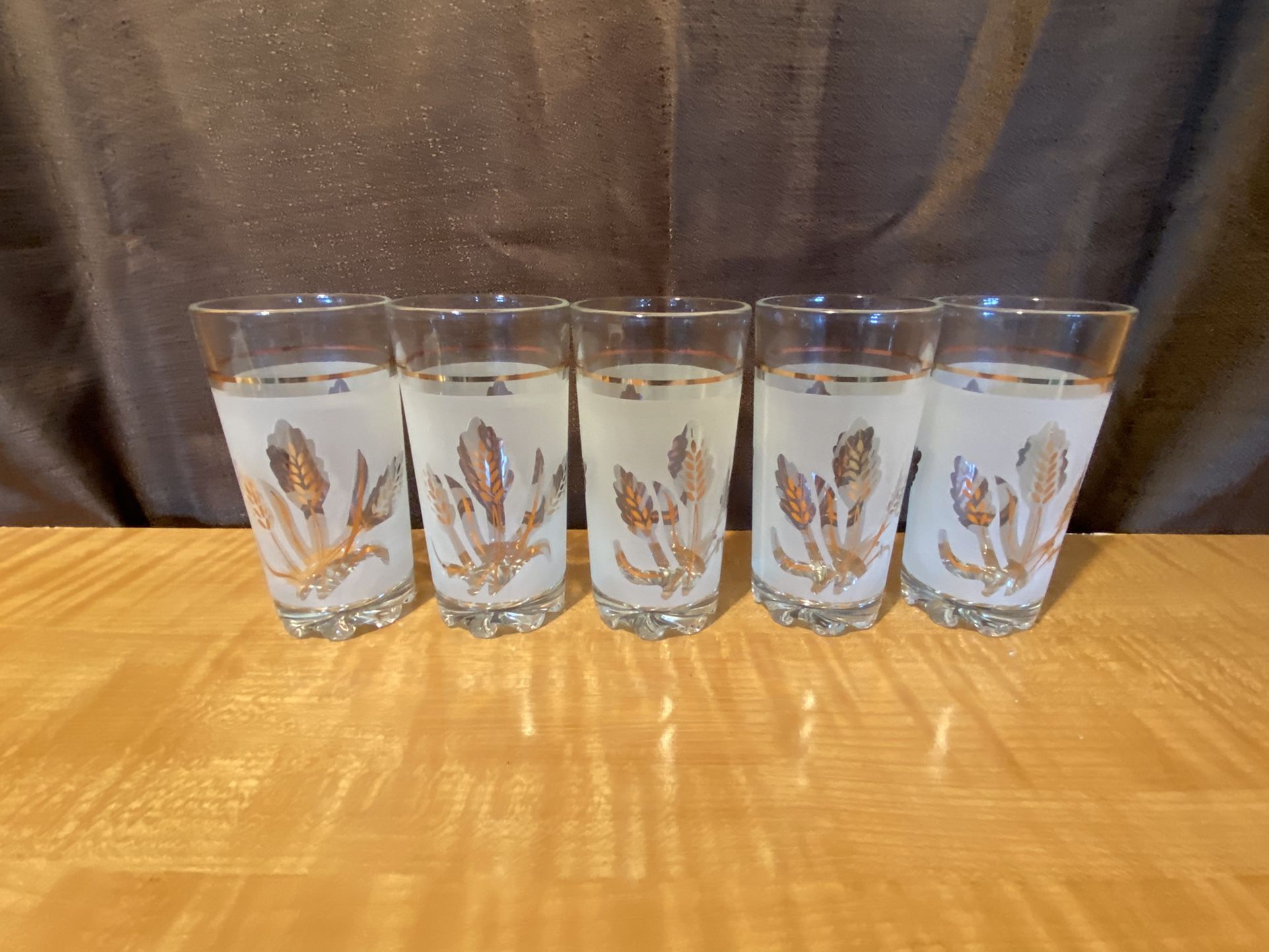 MCM Glassware Set of 5 Highball Drink Glasses Gold Leaves