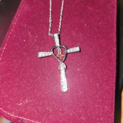 21 Inch Silver Cross With White Sapphire And Tiny Ruby In The Center