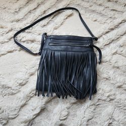 Leather Black Rivet Fringe Crossbody