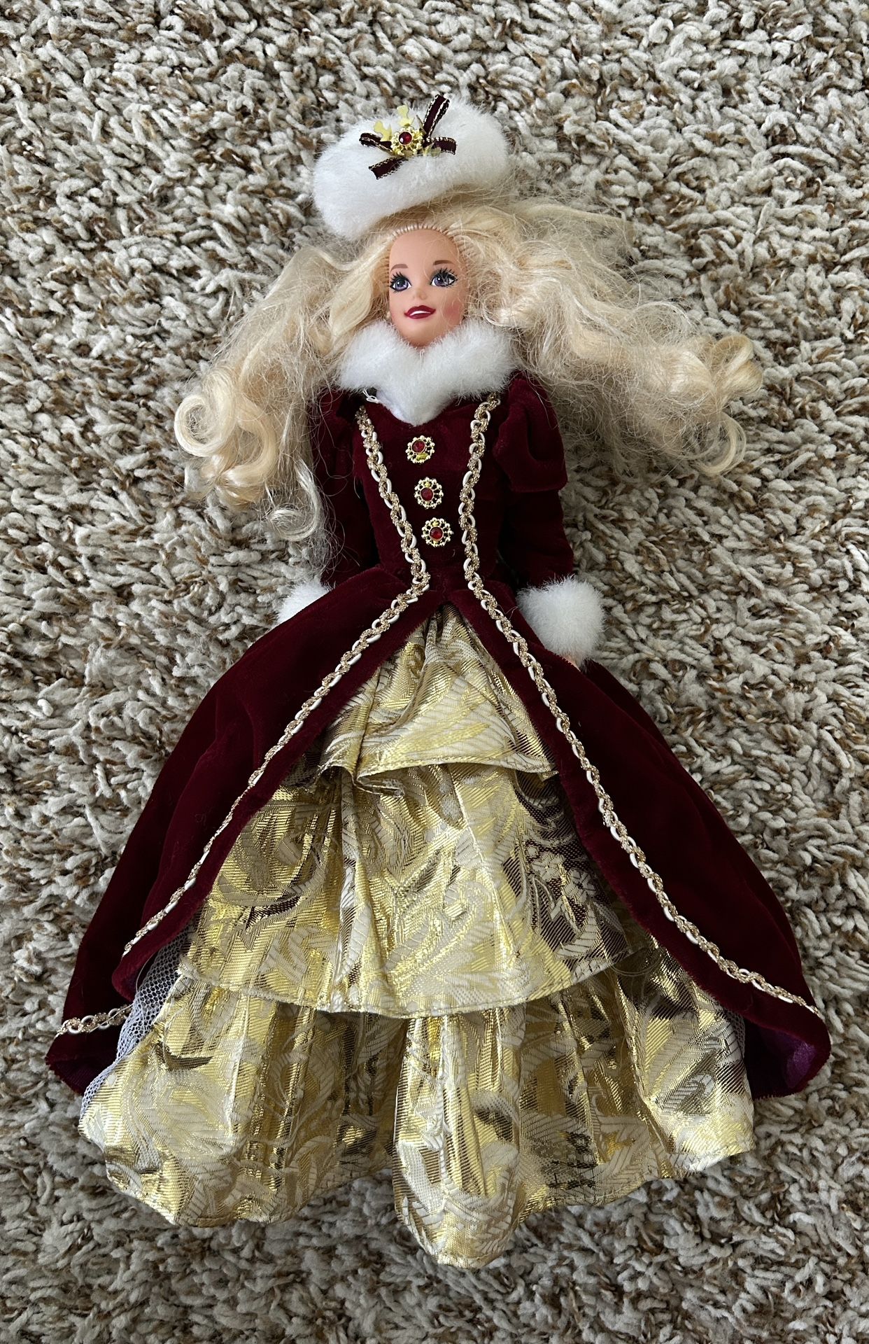 Vintage Barbie Doll in Burgundy and Gold Dress