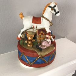Vintage 1970. Rare Porcelain Rocking Horse Revolving Music Box plays “Toy Land” 