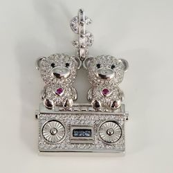 925 Sterling Silver Double Teddy Bear Pendant With CZ Accents And Dollar Sign Bail