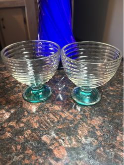 Art Deco Swirled Glass Pedestal Dessert Dish Vintage MCM Green Base Set Of 2