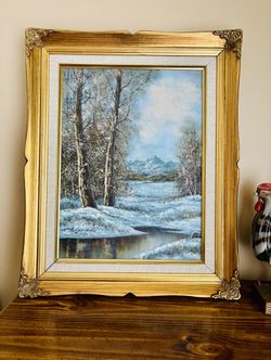 Vintage Oil Painting – Winter Forest, Gold Frame