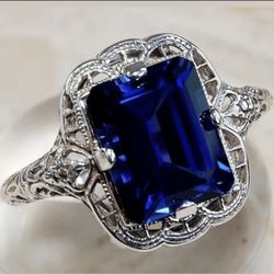 Princess Cut Filigree Sapphire Ring Sizes 6/7/9/10 *See My Other 800 Items *