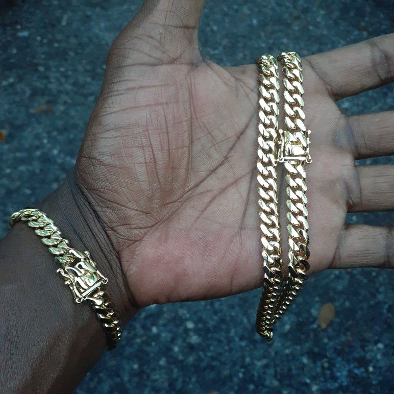 14K Gold Plated Flat Cuban Link 8mm Chain And Bracelet