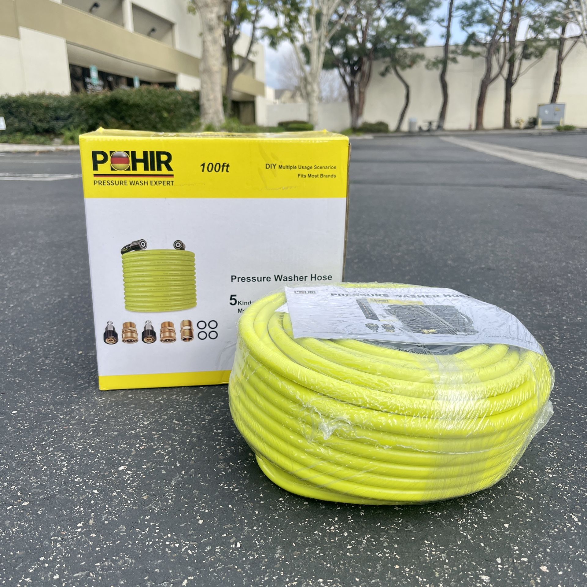 POHIR Pressure Washer Hose 100ft with 1/4 Quick Connect Fittings, Kink Free 4000 PSI High Pressure Replacement Hose M22 14/15mm Thread Compatible, Fle