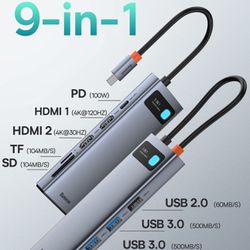9 In 1 USB-C Adapter With Dual HDMI For MacBook, Hp, Dell, Lenovo, Etc. 