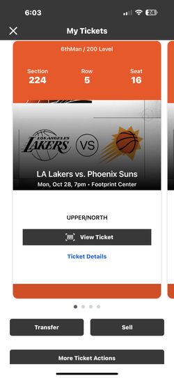 4 Tickets Phoenix Suns Vs Los Angeles Lakers Oct 28 Sec 224 Row 5 