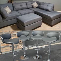 New Gray Sectional Sofa Couch Ottoman And 4 Gray Bar Stools 