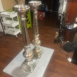 Set Of Chrome Pedestal Candle Holders:21x4”