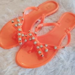 Women Neon Orange Bow Pearl Stud Jelly Thong Flip Flop Slide Sandal Shoe SZ10 