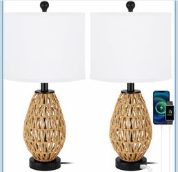 Coastal Table Lamps Set of 2, Retro Rattan Woven 24" Bedside Lamp, for Bedroom Living Room Home Nightstand Table Lamp(with USB C+A 5V 2.1A Charging Po