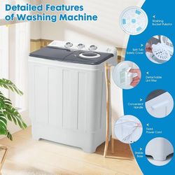28lbs Portable Washing Machine with 18lbs Wash and 10lbs Spin, Twin Tub Washer Compact Machine with Drain Pump, Mini Portable Washer for Home, Camping