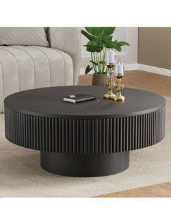 35” Round Fluted Coffee Table, Modern Wood Circle Coffee Table, Veneer Handcrafted Relief Tea Table with Sturdy Pedestal for Living Room - Black brand