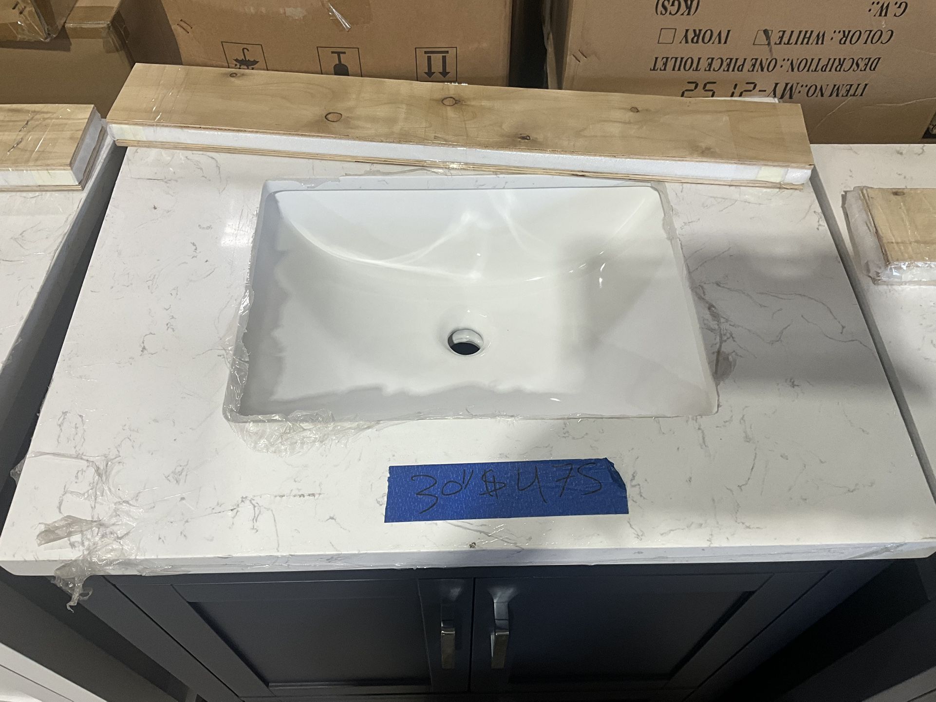 30” Bathroom Vanity in blue ,single sink soft close solid wood with vanity top in white $475 Luke’s liquidations warehouse Address: 2434 N Forsyth