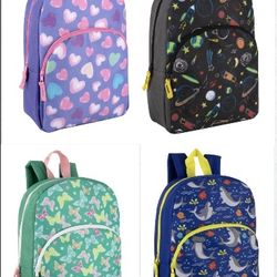 New 15” Kid  Boy Girl School Book Bag Backpack Front Zippered Pocket Shark Blue Butterfly Green Hearts Purple Pink Space Planet Stars Black Multicolor