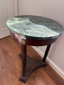 Vintage Dark Wood & Green Marble Side Table