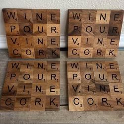 Set of Four Wooden Wine Drink Coasters Faux Scrabble just $5 