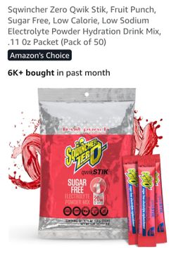 Sqwincher Zero Qwik Stik, Fruit Punch
Sugar Free, Low Calorie, Low Sodium
Electrolyte Powder Hydration Drink Mix,
11 Oz Packet (Pack of 50)