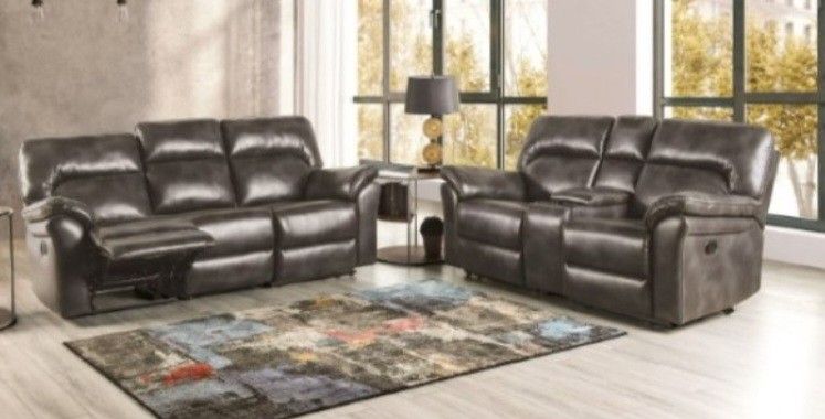 Brand New Dark Grey Leather Reclining Sofa & Loveseat 
