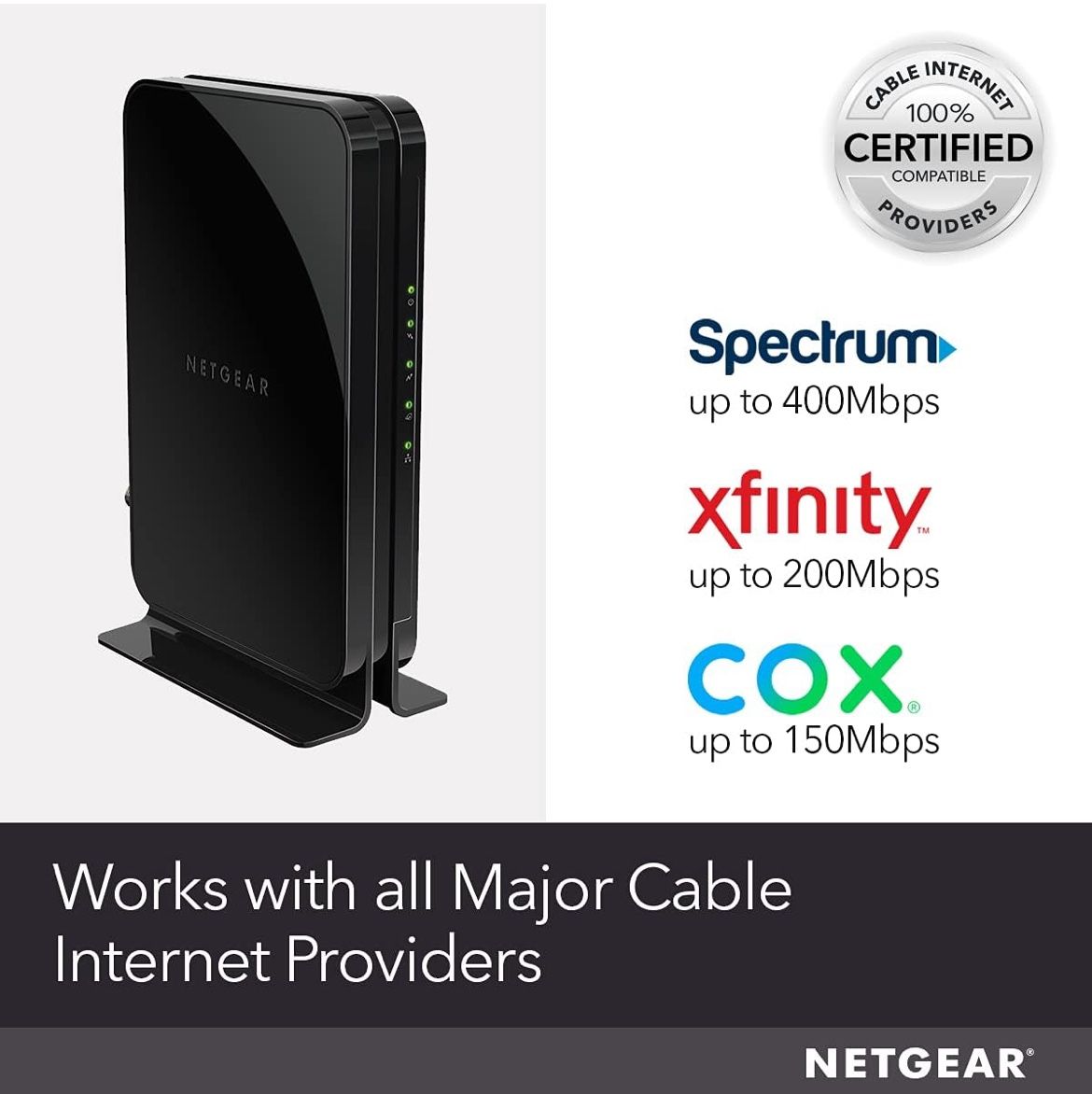 NETGEAR Cable Modem CM500 - Compatible with All Cable Providers Including Xfinity by Comcast, Spectrum, Cox | for Cable Plans Up to 400Mbps | DOCSIS 3