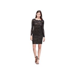 David’s Bridal Long-Sleeve Scalloped Illusion Lace Black Sheath Cocktail Dress