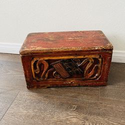 Vintage Decorative Hand Carved Wooden Chest With Red And Brown Finish 